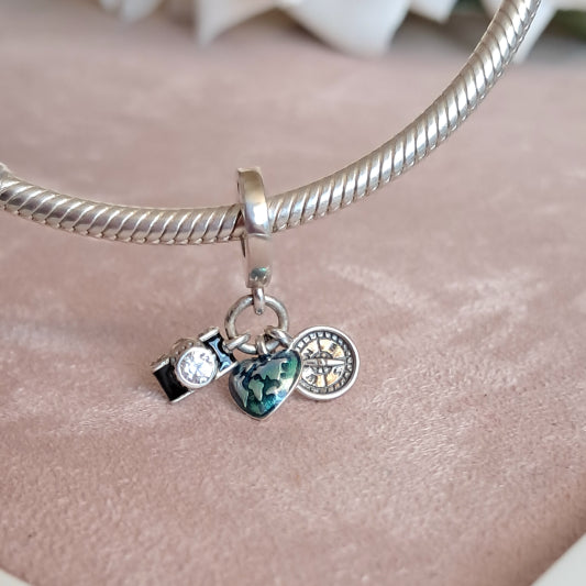 Charm Trio de Viajes de Plata 925 – Cámara, Mundo y Brújula