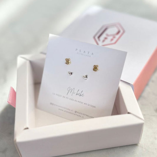 Pack Aros Abejas Corazón de Plata 925 y Oro Enchape en 14k